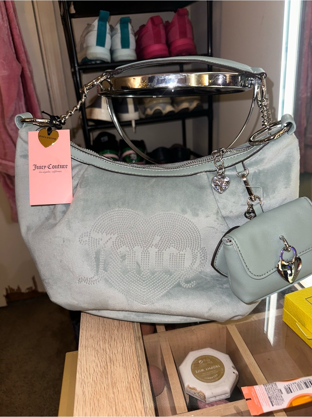 Juicy Couture Baby Blue Shoulder Bag with Heart Charm and Mini Pouch
